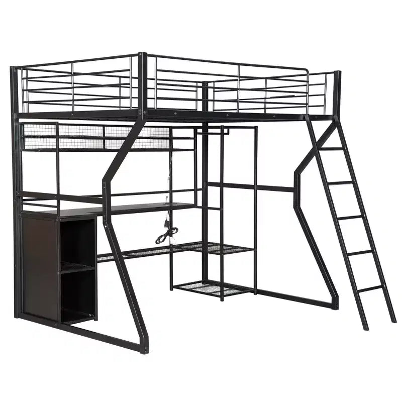 Lit mezzanine en métal Full Metal Gaming avec LED et poste de travail intégré, lit mezzanine haut pleine grandeur avec armoire de rangement, noir