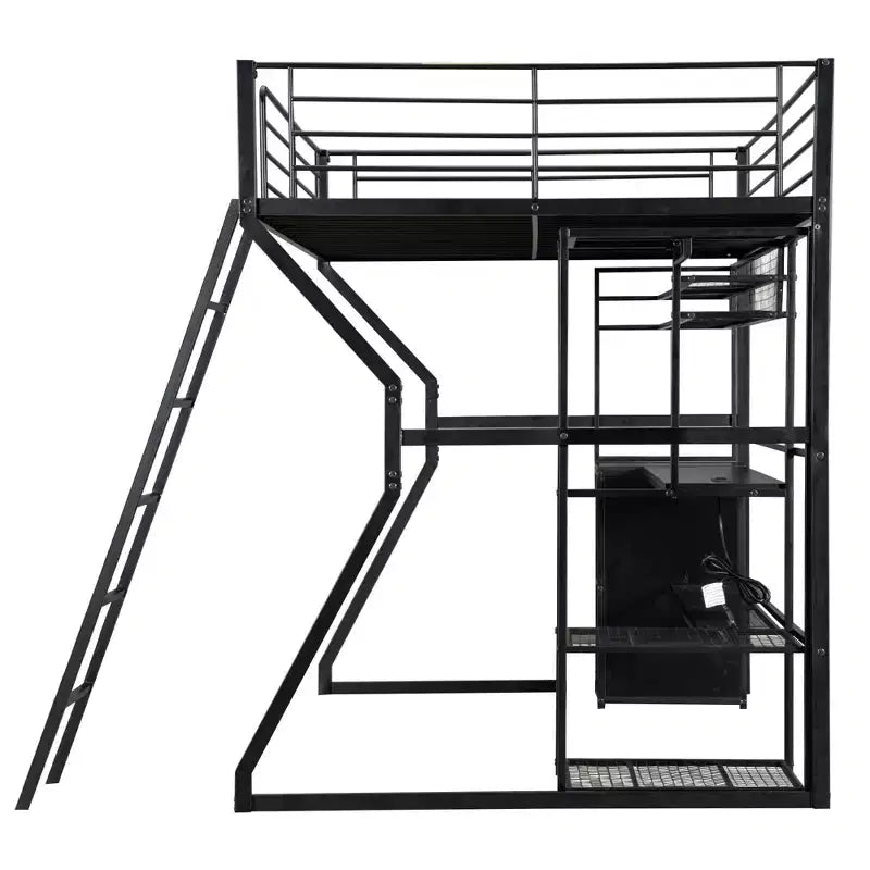 Lit mezzanine en métal Full Metal Gaming avec LED et poste de travail intégré, lit mezzanine haut pleine grandeur avec armoire de rangement, noir
