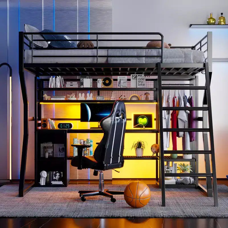 Lit mezzanine en métal Full Metal Gaming avec LED et poste de travail intégré, lit mezzanine haut pleine grandeur avec armoire de rangement, noir