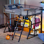 Lit mezzanine en métal Full Metal Gaming avec LED et poste de travail intégré, lit mezzanine haut pleine grandeur avec armoire de rangement, noir