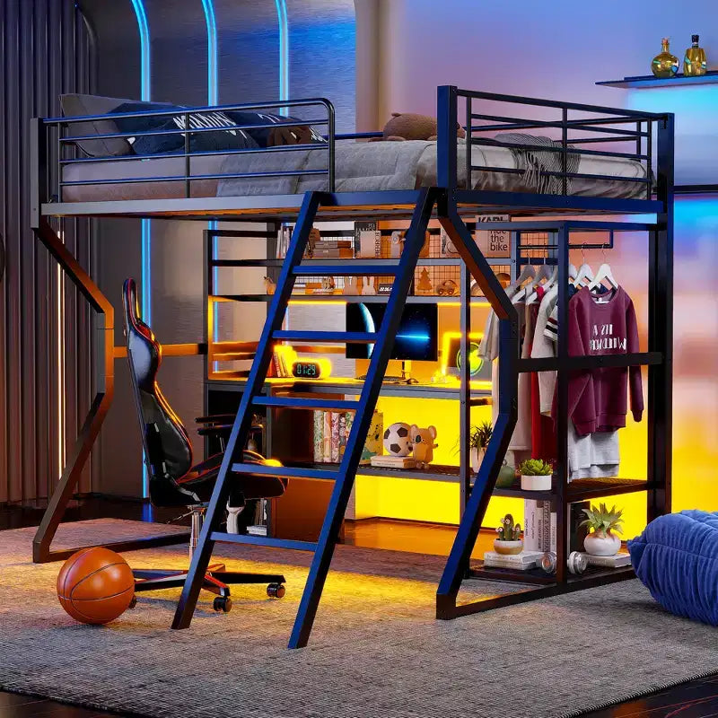 Lit mezzanine en métal Full Metal Gaming avec LED et poste de travail intégré, lit mezzanine haut pleine grandeur avec armoire de rangement, noir