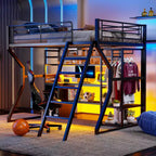 Lit mezzanine en métal Full Metal Gaming avec LED et poste de travail intégré, lit mezzanine haut pleine grandeur avec armoire de rangement, noir