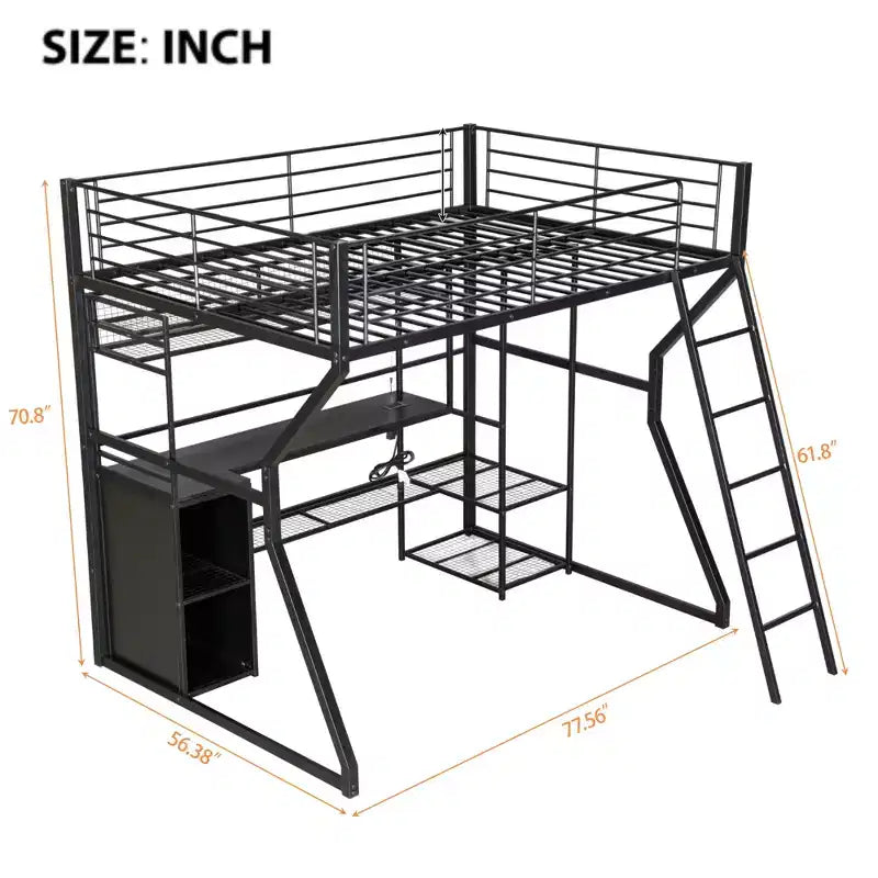 Lit mezzanine en métal Full Metal Gaming avec LED et poste de travail intégré, lit mezzanine haut pleine grandeur avec armoire de rangement, noir