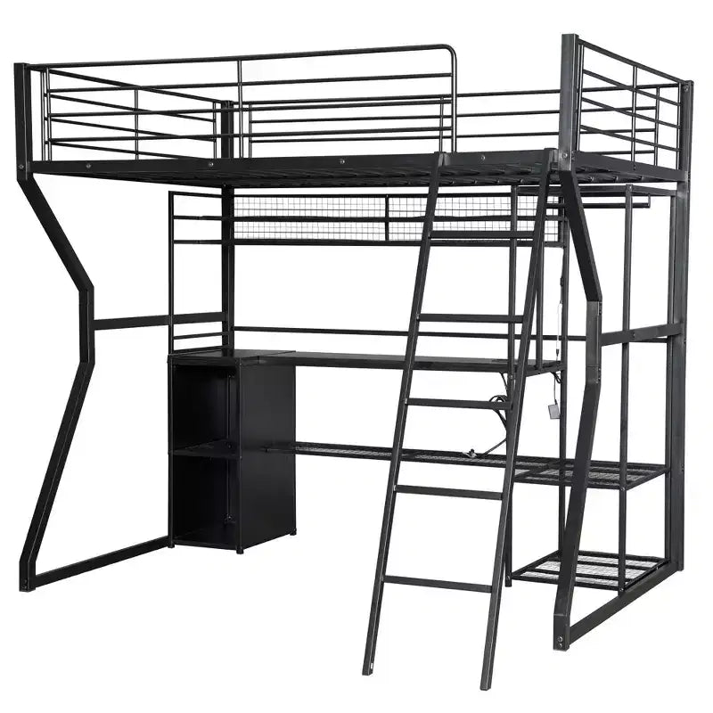 Lit mezzanine en métal Full Metal Gaming avec LED et poste de travail intégré, lit mezzanine haut pleine grandeur avec armoire de rangement, noir