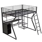 Lit mezzanine en métal Full Metal Gaming avec LED et poste de travail intégré, lit mezzanine haut pleine grandeur avec armoire de rangement, noir