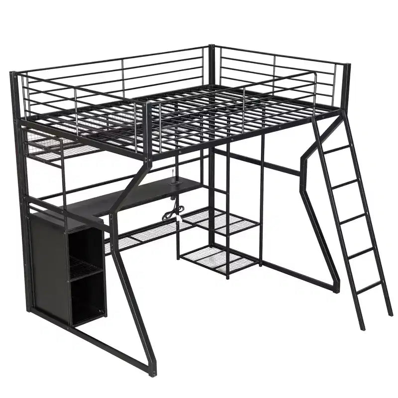 Lit mezzanine en métal Full Metal Gaming avec LED et poste de travail intégré, lit mezzanine haut pleine grandeur avec armoire de rangement, noir