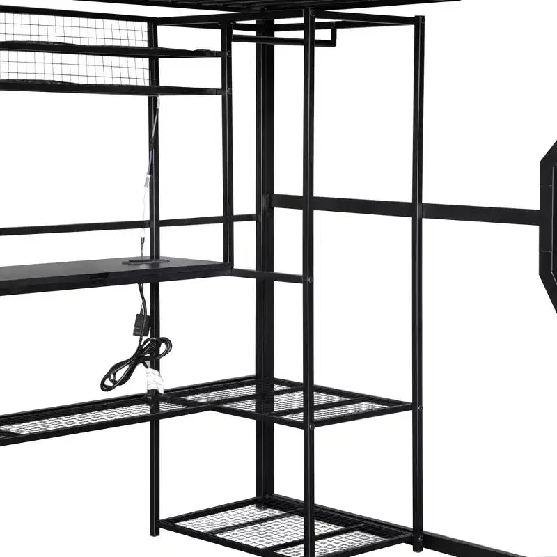 Lit mezzanine en métal Full Metal Gaming avec LED et poste de travail intégré, lit mezzanine haut pleine grandeur avec armoire de rangement, noir