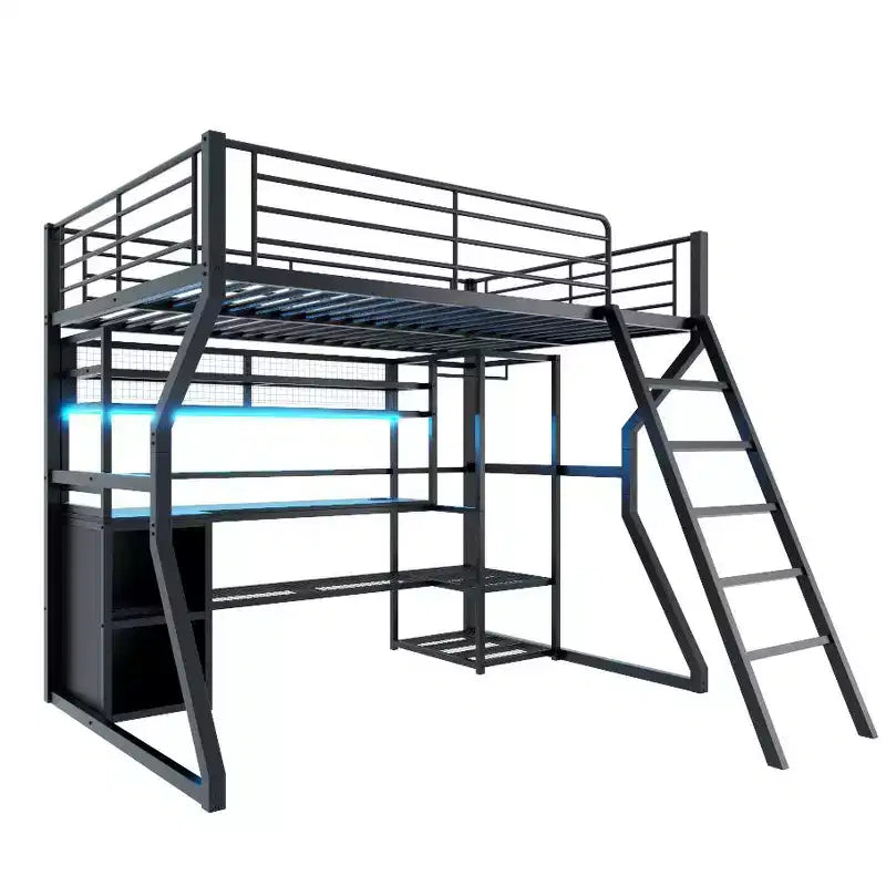 Lit mezzanine en métal Full Metal Gaming avec LED et poste de travail intégré, lit mezzanine haut pleine grandeur avec armoire de rangement, noir