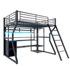 Lit mezzanine en métal Full Metal Gaming avec LED et poste de travail intégré, lit mezzanine haut pleine grandeur avec armoire de rangement, noir