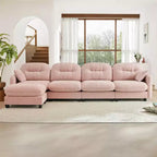 Canapé modulable beige en forme de L en tissu chenille avec ottoman, base en bois de haute qualité pour salons