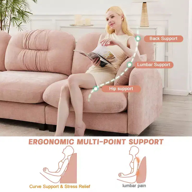 Canapé modulable beige en forme de L en tissu chenille avec ottoman, base en bois de haute qualité pour salons