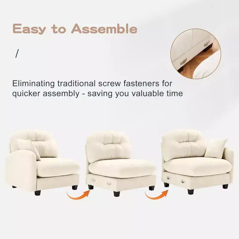 Canapé modulable beige en forme de L en tissu chenille avec ottoman, base en bois de haute qualité pour salons