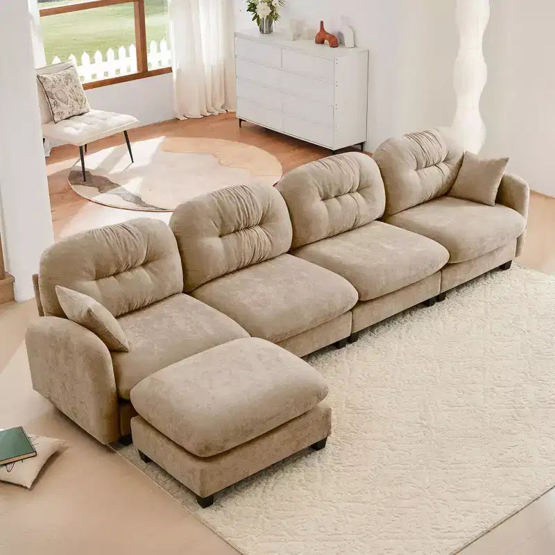Canapé modulable beige en forme de L en tissu chenille avec ottoman, base en bois de haute qualité pour salons