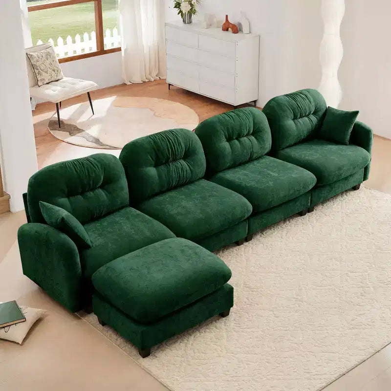 Canapé modulable beige en forme de L en tissu chenille avec ottoman, base en bois de haute qualité pour salons