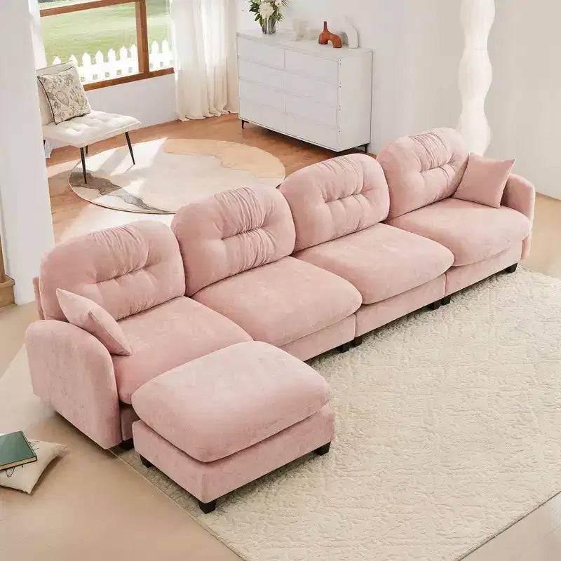 Canapé modulable beige en forme de L en tissu chenille avec ottoman, base en bois de haute qualité pour salons