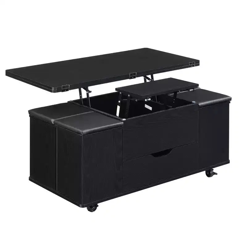 Zeus & Ruta Table Basse Relevable Multifonctionnelle Moderne avec Rangement Caché, 4 Tabourets et Roulettes, Parfaite pour les Espaces de Vie Modernes