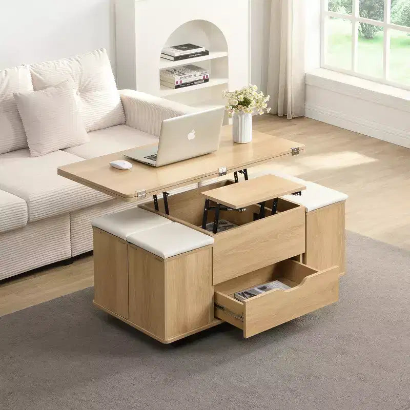 Zeus & Ruta Table Basse Relevable Multifonctionnelle Moderne avec Rangement Caché, 4 Tabourets et Roulettes, Parfaite pour les Espaces de Vie Modernes