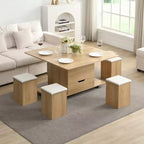 Zeus & Ruta Table Basse Relevable Multifonctionnelle Moderne avec Rangement Caché, 4 Tabourets et Roulettes, Parfaite pour les Espaces de Vie Modernes