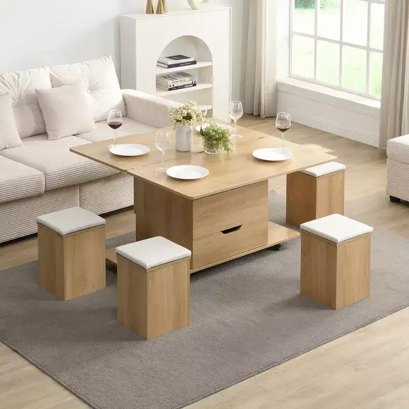 Zeus & Ruta Table Basse Relevable Multifonctionnelle Moderne avec Rangement Caché, 4 Tabourets et Roulettes, Parfaite pour les Espaces de Vie Modernes