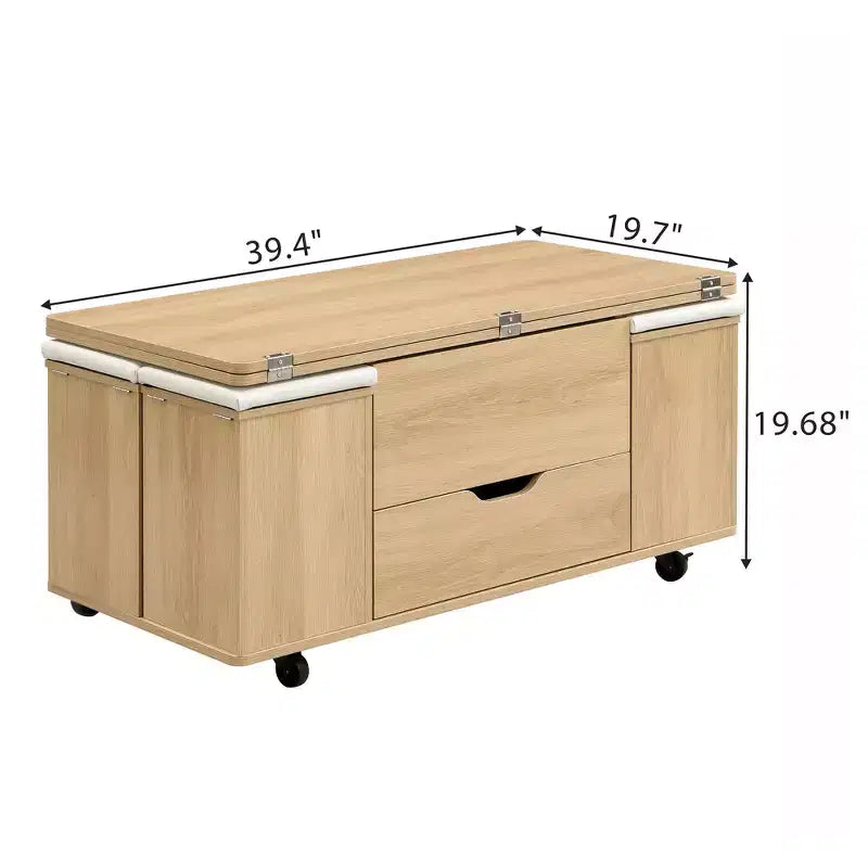 Zeus & Ruta Table Basse Relevable Multifonctionnelle Moderne avec Rangement Caché, 4 Tabourets et Roulettes, Parfaite pour les Espaces de Vie Modernes