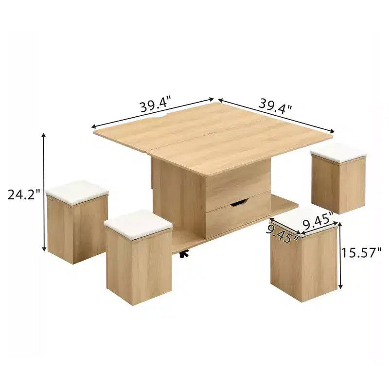 Zeus & Ruta Table Basse Relevable Multifonctionnelle Moderne avec Rangement Caché, 4 Tabourets et Roulettes, Parfaite pour les Espaces de Vie Modernes