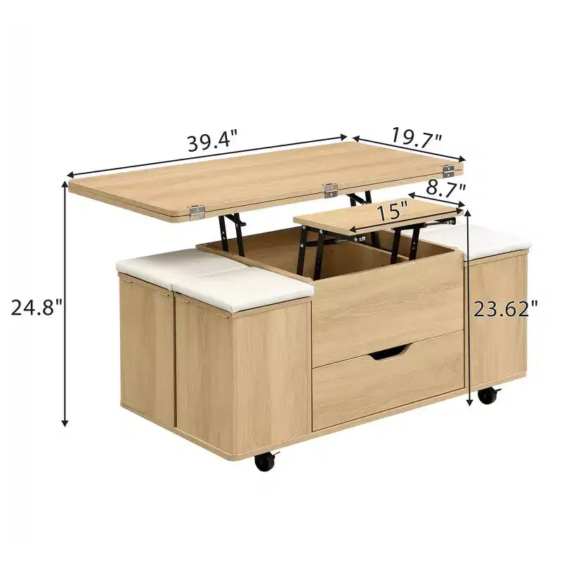 Zeus & Ruta Table Basse Relevable Multifonctionnelle Moderne avec Rangement Caché, 4 Tabourets et Roulettes, Parfaite pour les Espaces de Vie Modernes