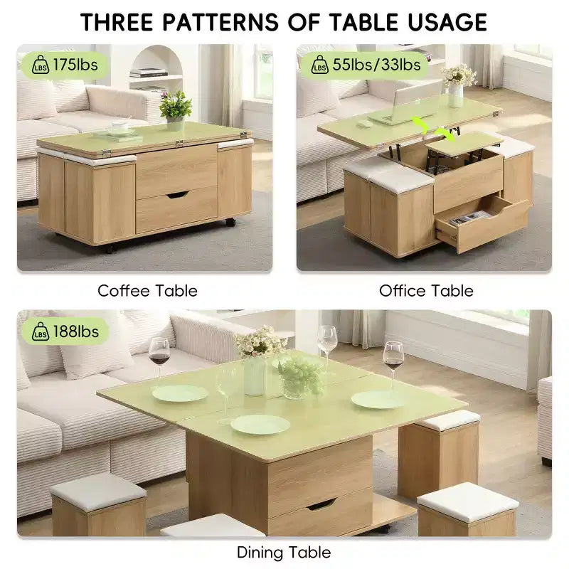 Zeus & Ruta Table Basse Relevable Multifonctionnelle Moderne avec Rangement Caché, 4 Tabourets et Roulettes, Parfaite pour les Espaces de Vie Modernes