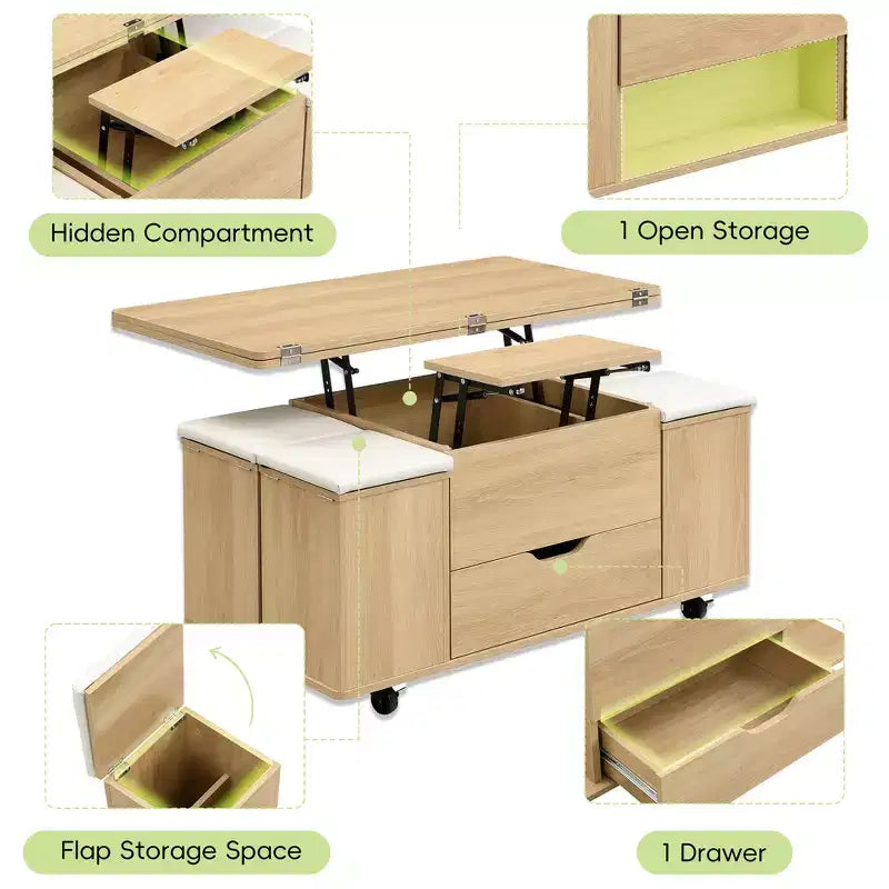 Zeus & Ruta Table Basse Relevable Multifonctionnelle Moderne avec Rangement Caché, 4 Tabourets et Roulettes, Parfaite pour les Espaces de Vie Modernes