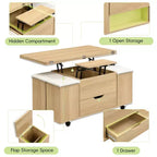 Zeus & Ruta Table Basse Relevable Multifonctionnelle Moderne avec Rangement Caché, 4 Tabourets et Roulettes, Parfaite pour les Espaces de Vie Modernes
