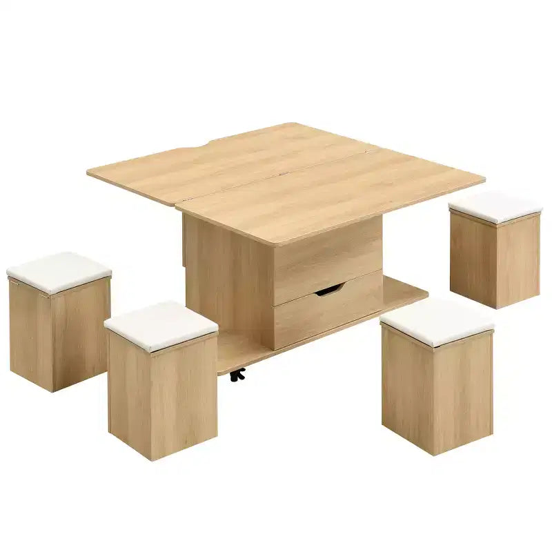 Zeus & Ruta Table Basse Relevable Multifonctionnelle Moderne avec Rangement Caché, 4 Tabourets et Roulettes, Parfaite pour les Espaces de Vie Modernes