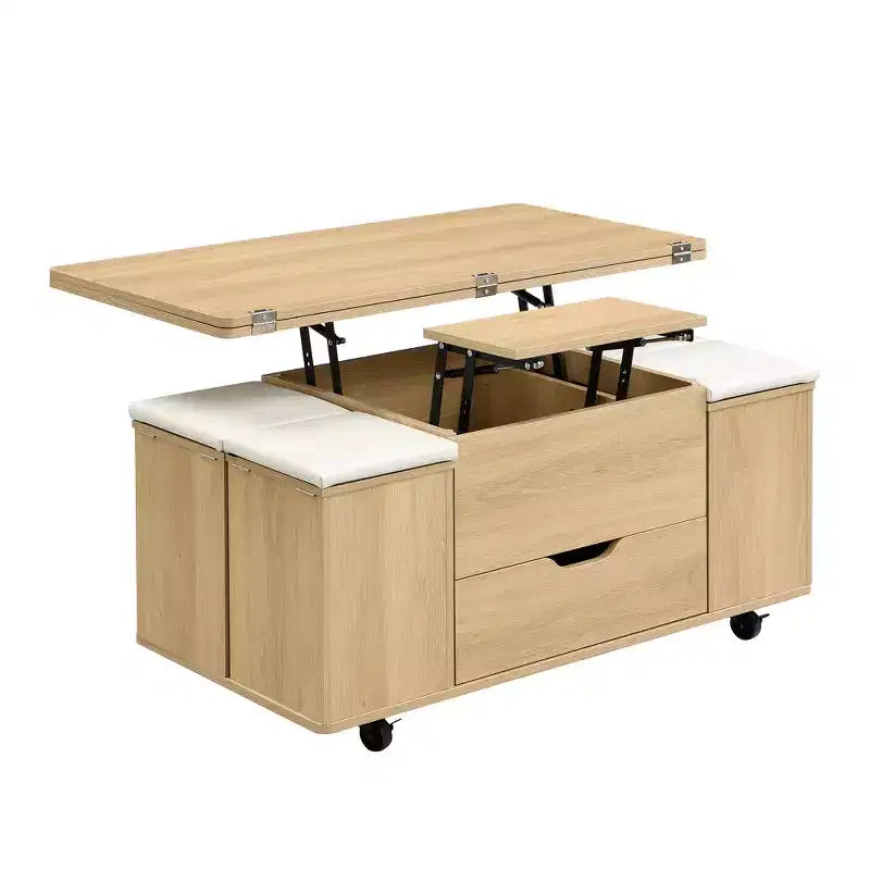 Zeus & Ruta Table Basse Relevable Multifonctionnelle Moderne avec Rangement Caché, 4 Tabourets et Roulettes, Parfaite pour les Espaces de Vie Modernes