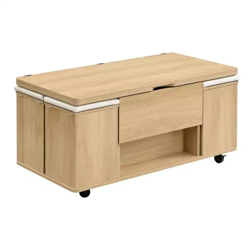 Zeus & Ruta Table Basse Relevable Multifonctionnelle Moderne avec Rangement Caché, 4 Tabourets et Roulettes, Parfaite pour les Espaces de Vie Modernes