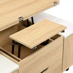 Zeus & Ruta Table Basse Relevable Multifonctionnelle Moderne avec Rangement Caché, 4 Tabourets et Roulettes, Parfaite pour les Espaces de Vie Modernes
