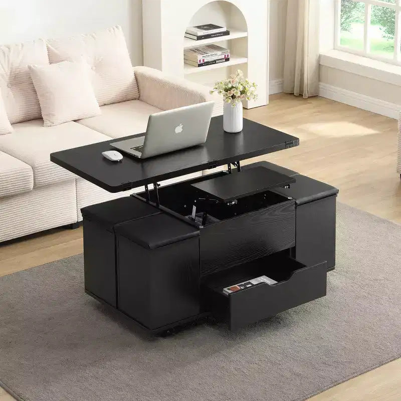Zeus & Ruta Table Basse Relevable Multifonctionnelle Moderne avec Rangement Caché, 4 Tabourets et Roulettes, Parfaite pour les Espaces de Vie Modernes