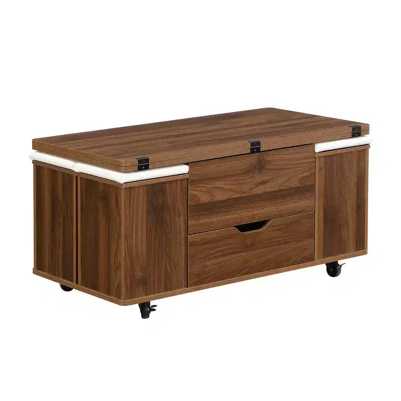 Zeus & Ruta Table Basse Relevable Multifonctionnelle Moderne avec Rangement Caché, 4 Tabourets et Roulettes, Parfaite pour les Espaces de Vie Modernes