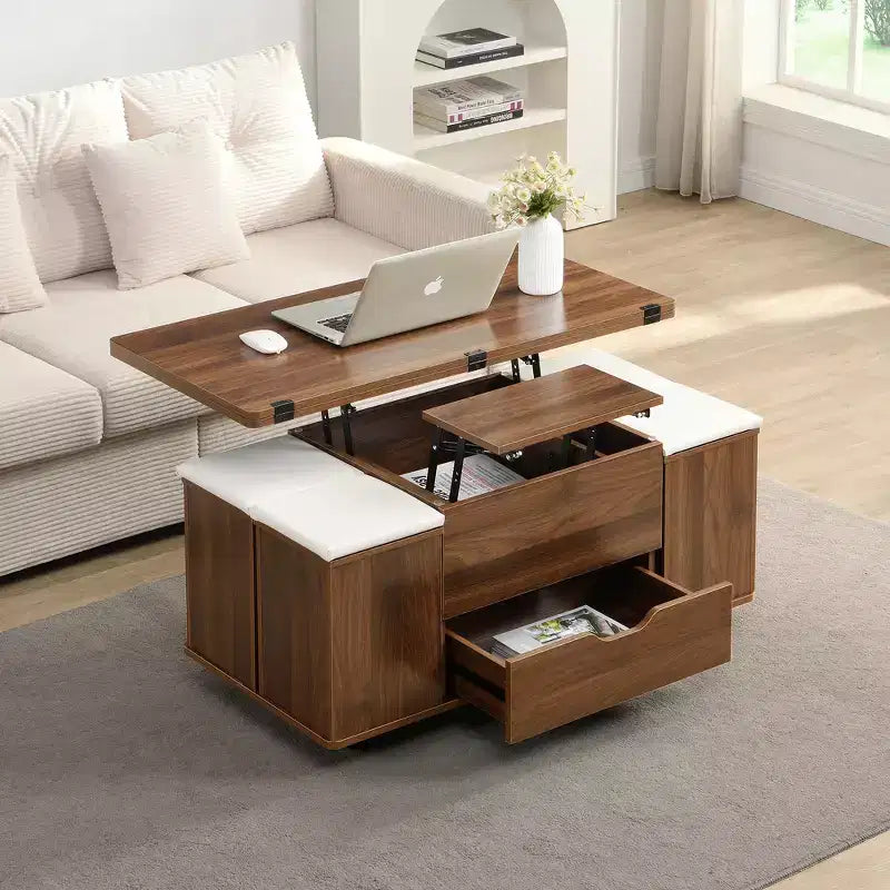 Zeus & Ruta Table Basse Relevable Multifonctionnelle Moderne avec Rangement Caché, 4 Tabourets et Roulettes, Parfaite pour les Espaces de Vie Modernes