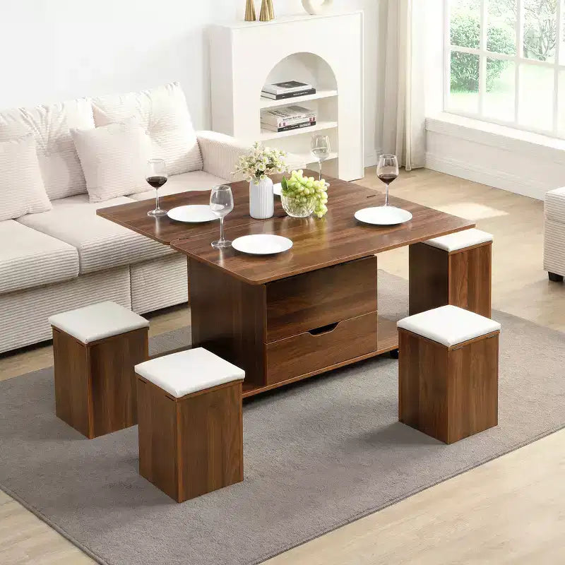 Zeus & Ruta Table Basse Relevable Multifonctionnelle Moderne avec Rangement Caché, 4 Tabourets et Roulettes, Parfaite pour les Espaces de Vie Modernes
