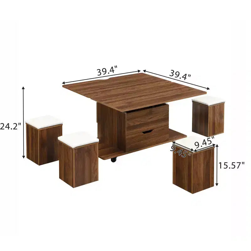 Zeus & Ruta Table Basse Relevable Multifonctionnelle Moderne avec Rangement Caché, 4 Tabourets et Roulettes, Parfaite pour les Espaces de Vie Modernes