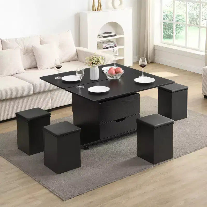 Zeus & Ruta Table Basse Relevable Multifonctionnelle Moderne avec Rangement Caché, 4 Tabourets et Roulettes, Parfaite pour les Espaces de Vie Modernes