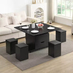Zeus & Ruta Table Basse Relevable Multifonctionnelle Moderne avec Rangement Caché, 4 Tabourets et Roulettes, Parfaite pour les Espaces de Vie Modernes