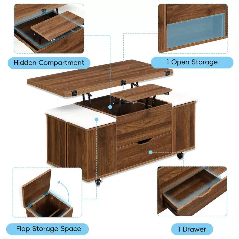 Zeus & Ruta Table Basse Relevable Multifonctionnelle Moderne avec Rangement Caché, 4 Tabourets et Roulettes, Parfaite pour les Espaces de Vie Modernes