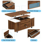 Zeus & Ruta Table Basse Relevable Multifonctionnelle Moderne avec Rangement Caché, 4 Tabourets et Roulettes, Parfaite pour les Espaces de Vie Modernes