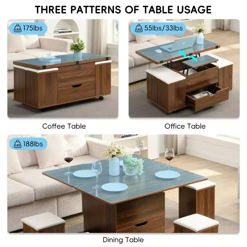 Zeus & Ruta Table Basse Relevable Multifonctionnelle Moderne avec Rangement Caché, 4 Tabourets et Roulettes, Parfaite pour les Espaces de Vie Modernes
