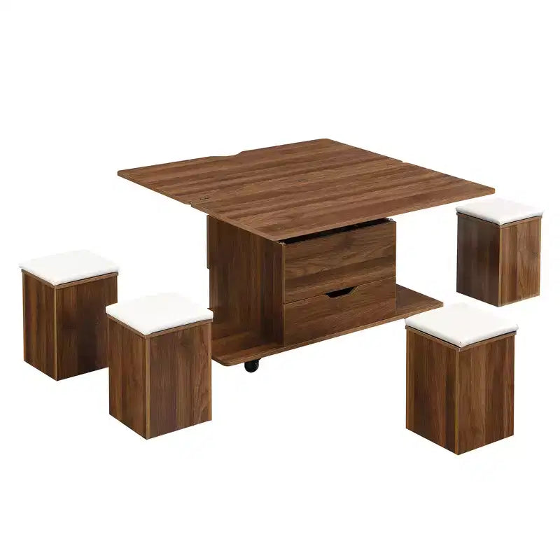 Zeus & Ruta Table Basse Relevable Multifonctionnelle Moderne avec Rangement Caché, 4 Tabourets et Roulettes, Parfaite pour les Espaces de Vie Modernes