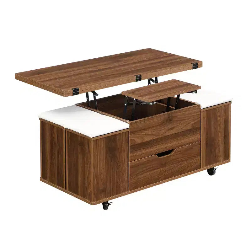 Zeus & Ruta Table Basse Relevable Multifonctionnelle Moderne avec Rangement Caché, 4 Tabourets et Roulettes, Parfaite pour les Espaces de Vie Modernes