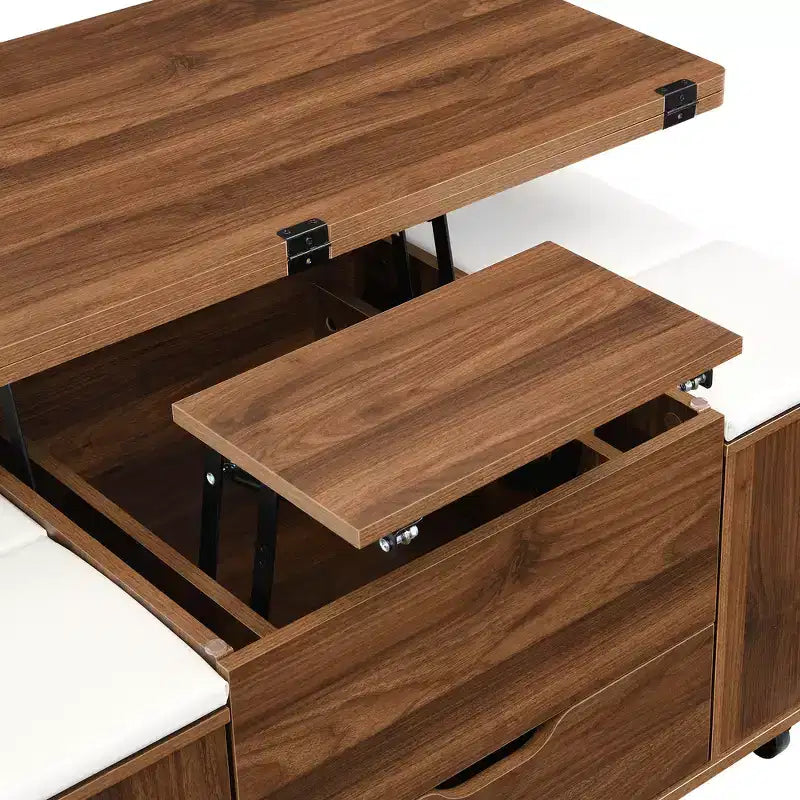 Zeus & Ruta Table Basse Relevable Multifonctionnelle Moderne avec Rangement Caché, 4 Tabourets et Roulettes, Parfaite pour les Espaces de Vie Modernes