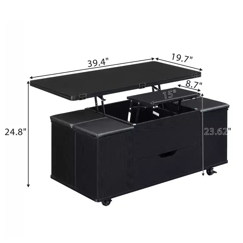 Zeus & Ruta Table Basse Relevable Multifonctionnelle Moderne avec Rangement Caché, 4 Tabourets et Roulettes, Parfaite pour les Espaces de Vie Modernes