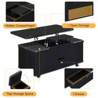 Zeus & Ruta Table Basse Relevable Multifonctionnelle Moderne avec Rangement Caché, 4 Tabourets et Roulettes, Parfaite pour les Espaces de Vie Modernes