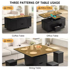 Zeus & Ruta Table Basse Relevable Multifonctionnelle Moderne avec Rangement Caché, 4 Tabourets et Roulettes, Parfaite pour les Espaces de Vie Modernes