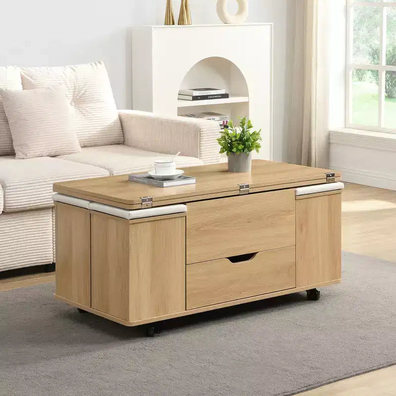 Zeus & Ruta Table Basse Relevable Multifonctionnelle Moderne avec Rangement Caché, 4 Tabourets et Roulettes, Parfaite pour les Espaces de Vie Modernes